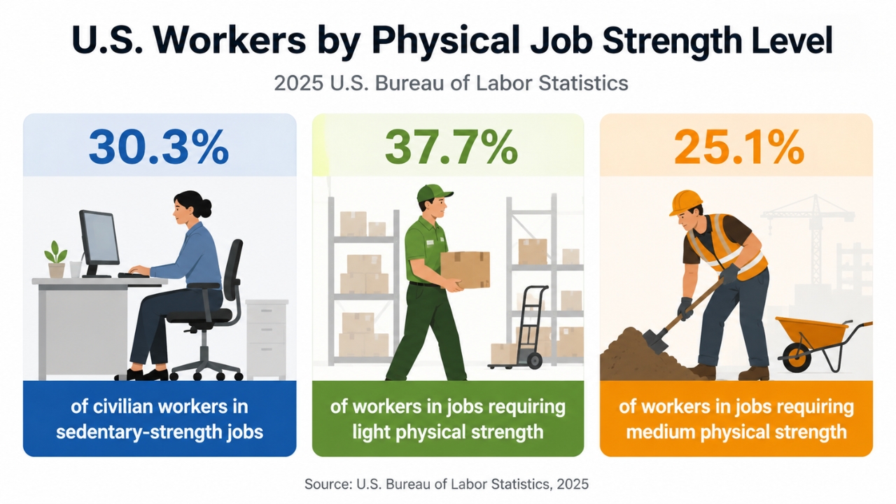 Chart shows U.S. workers in sedentary, light, and medium-strength jobs in 2025