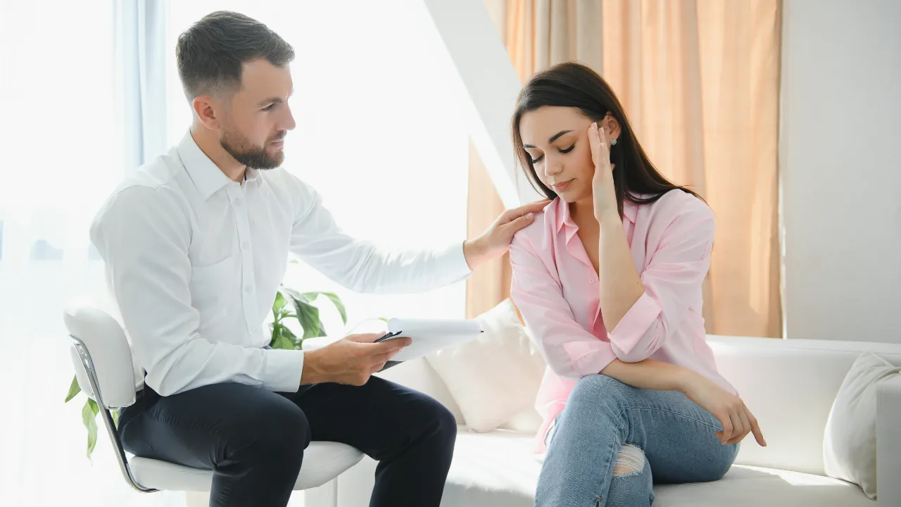 Therapist supporting a young woman during an anxiety counseling session