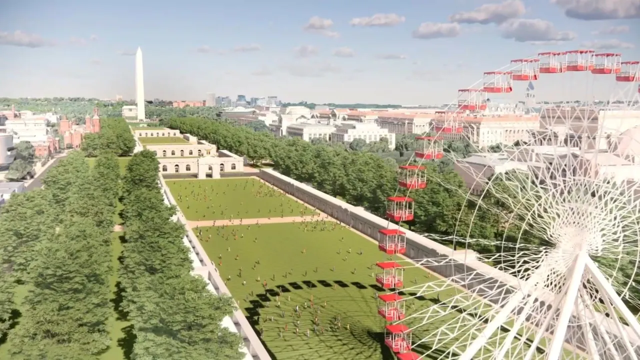 A red Ferris wheel stands on the National Mall near the tall white monument