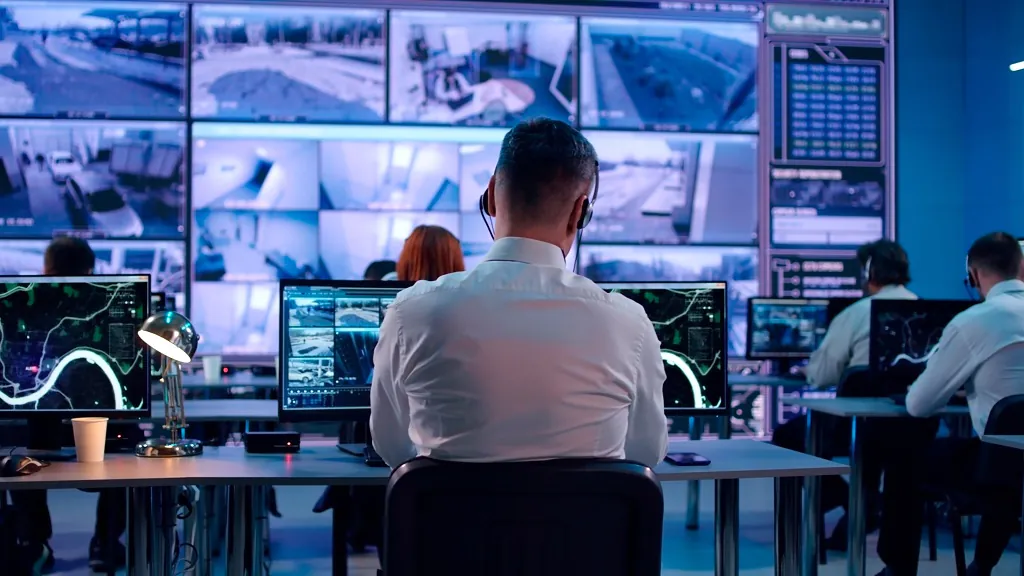 Intelligence analysts monitoring surveillance and security data in a high-tech operations center as Congress debates the future of FISA Section 702