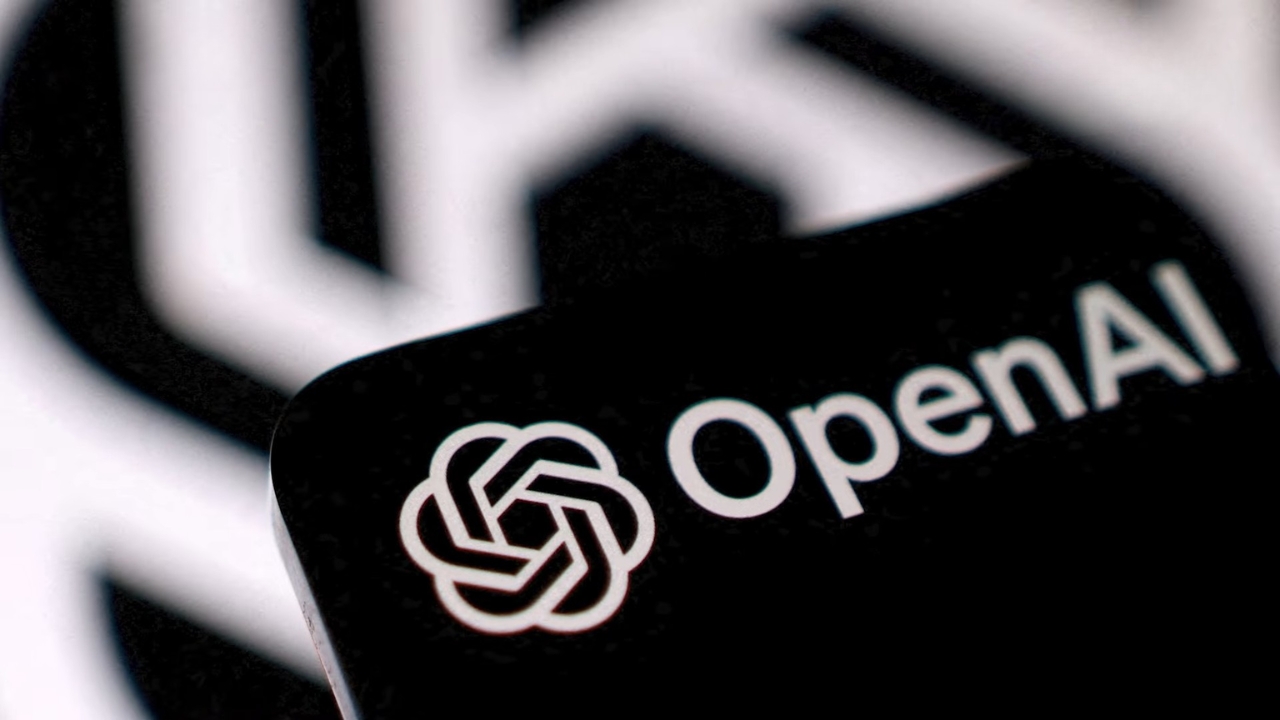 A close-up of the OpenAI logo on a dark screen