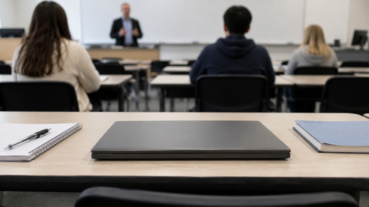 A closed laptop sits on a classroom desk as students listen to a professor