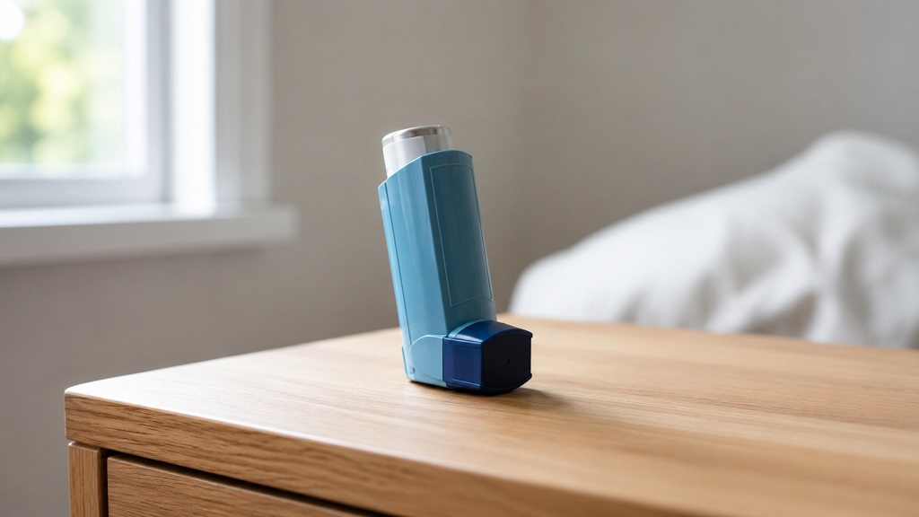 Blue asthma inhaler placed on a wooden bedside table