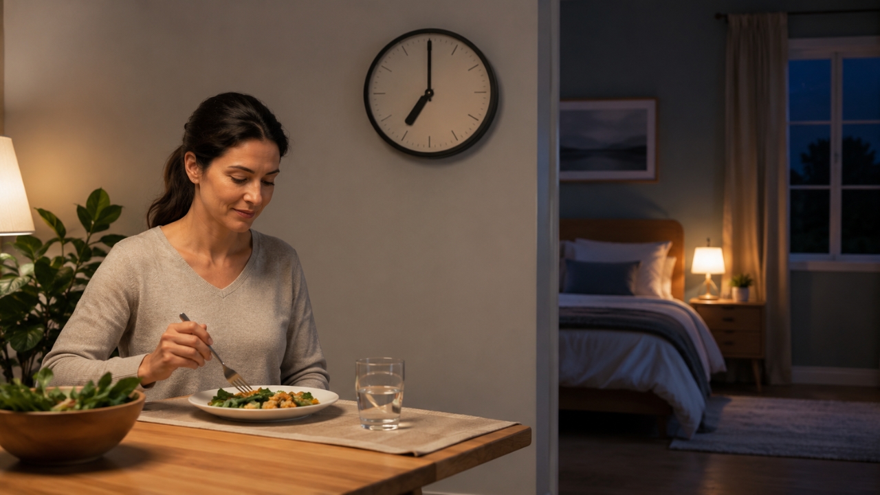 A woman eats dinner at 7 p.m. beside a dim bedroom