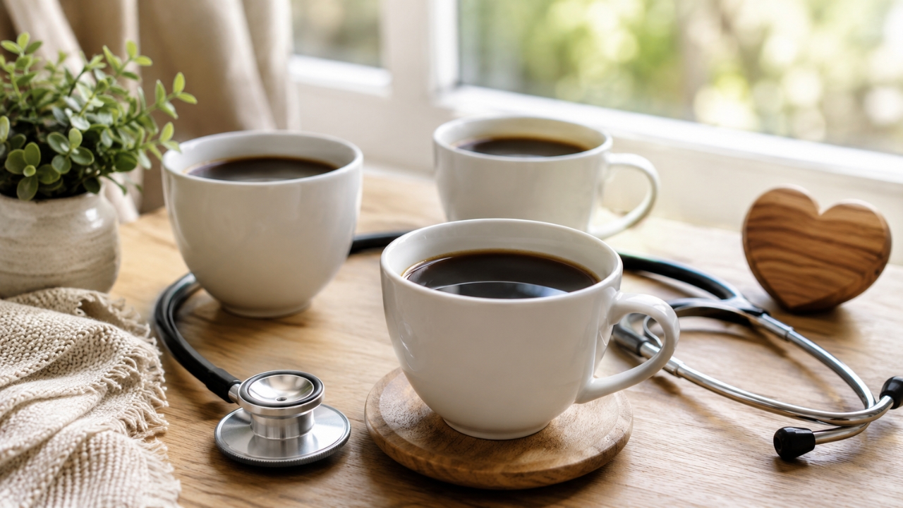 Three cups of black coffee beside a stethoscope on a sunlit table