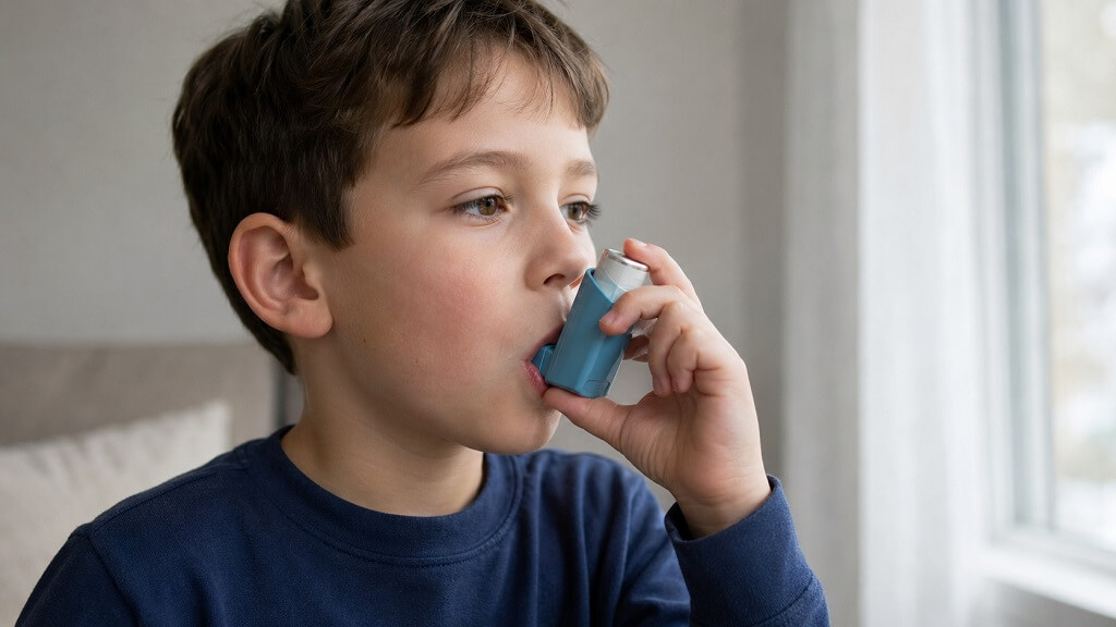 Child with asthma using a blue inhaler near a window in a calm home setting