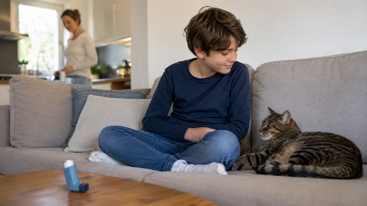 Child sitting on a sofa near a cat with an asthma inhaler on the table at home
