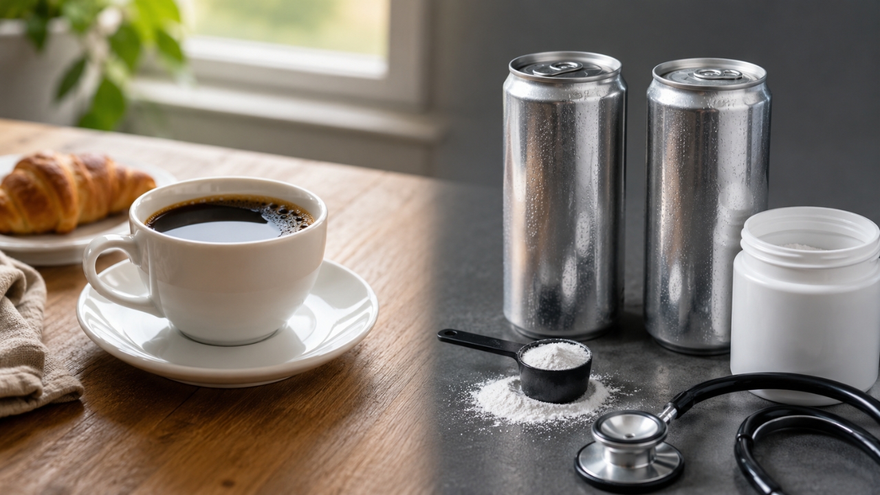 A cup of coffee sits beside energy drink cans, caffeine powder, and a stethoscope