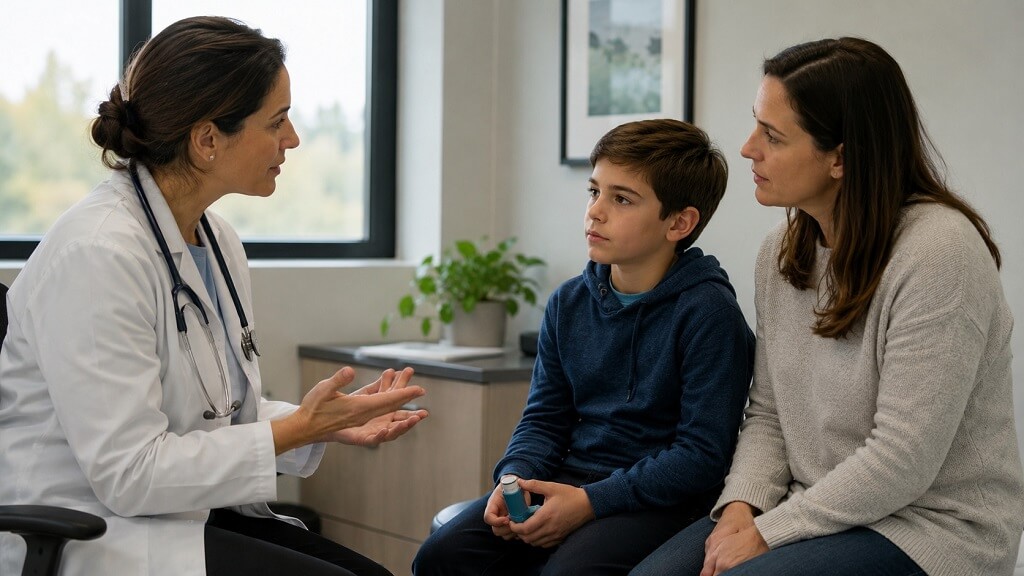 Doctor talking with a parent and child about asthma care during a medical consultation