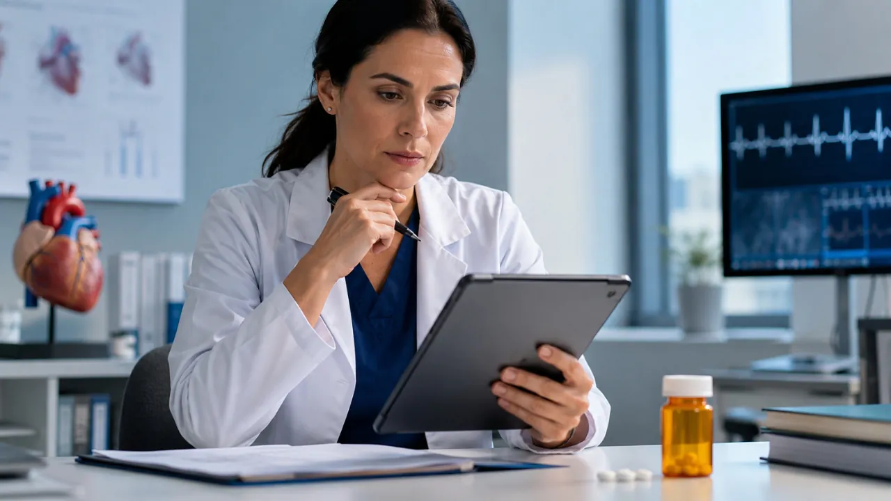A doctor reviews heart health data beside a prescription bottle in a medical office