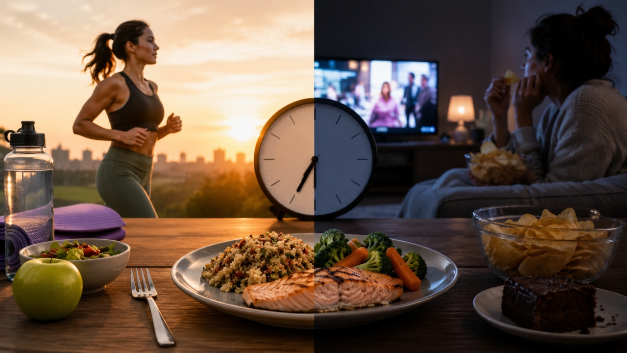 A split scene shows one woman after exercise with a healthy meal and another with snacks at night