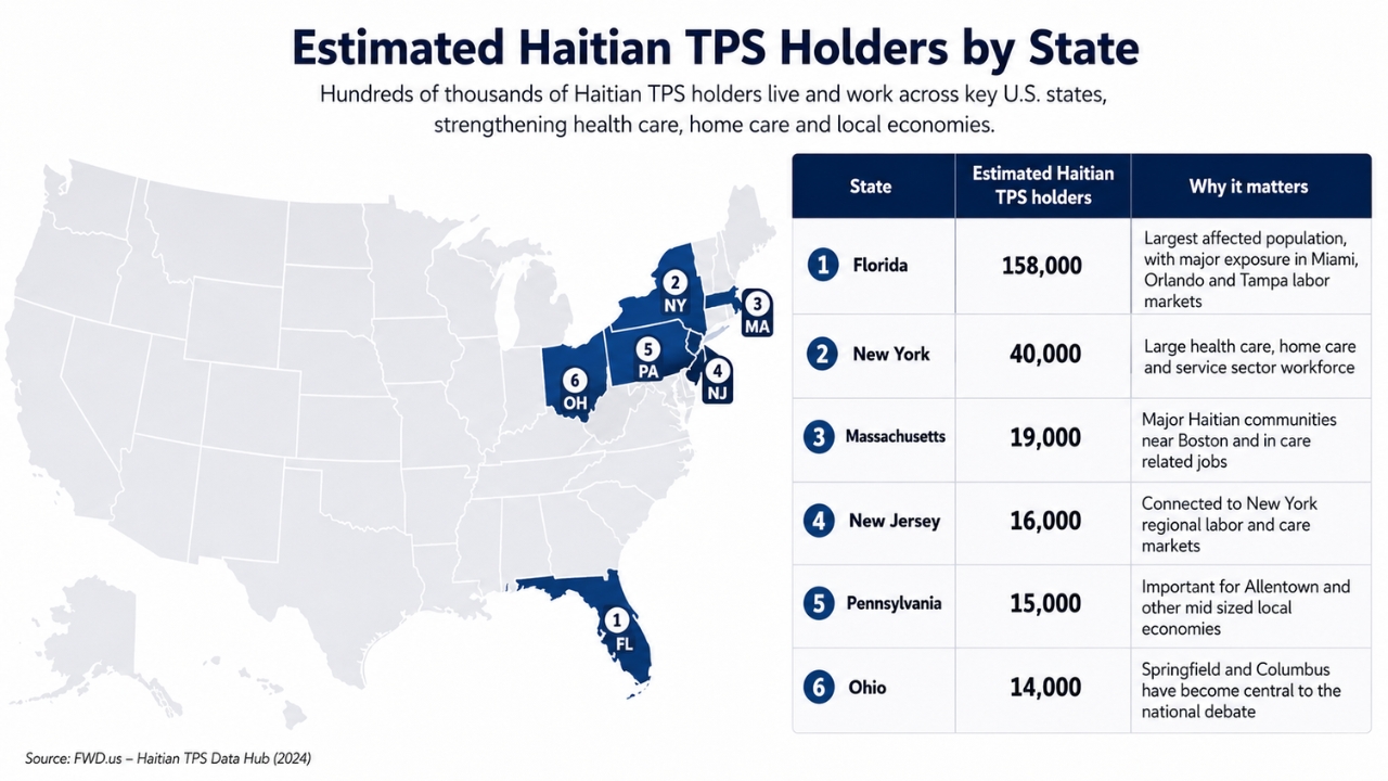 Map of key U.S. states with estimated Haitian TPS holder counts