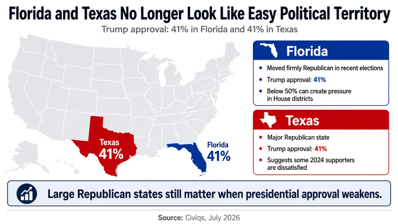 A map shows Trump’s 41% approval in Florida and Texas