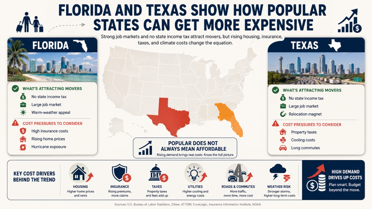 A Florida and Texas cost graphic compares tax perks with home prices, insurance, utilities, and commute costs