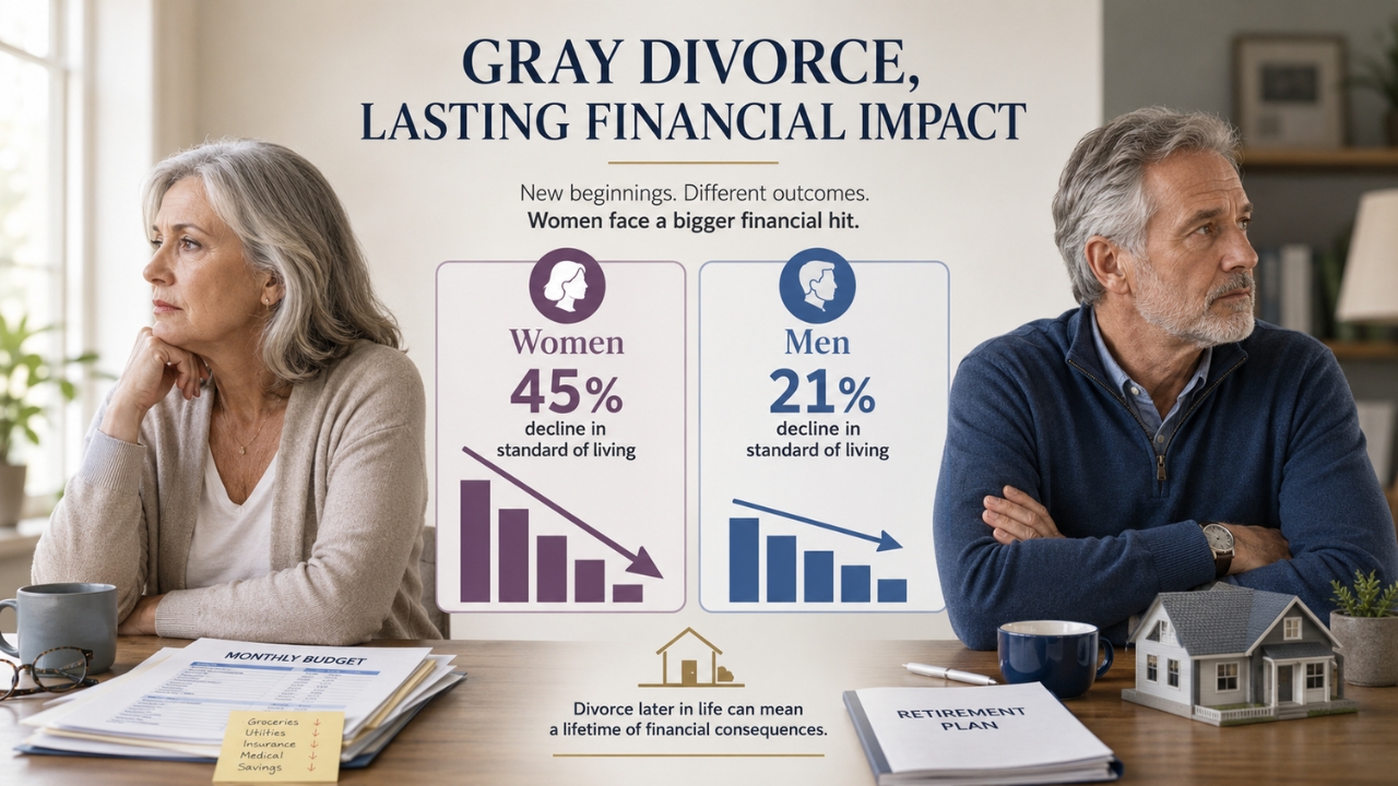 Older divorced couple sit apart beside charts of 45% and 21% financial loss
