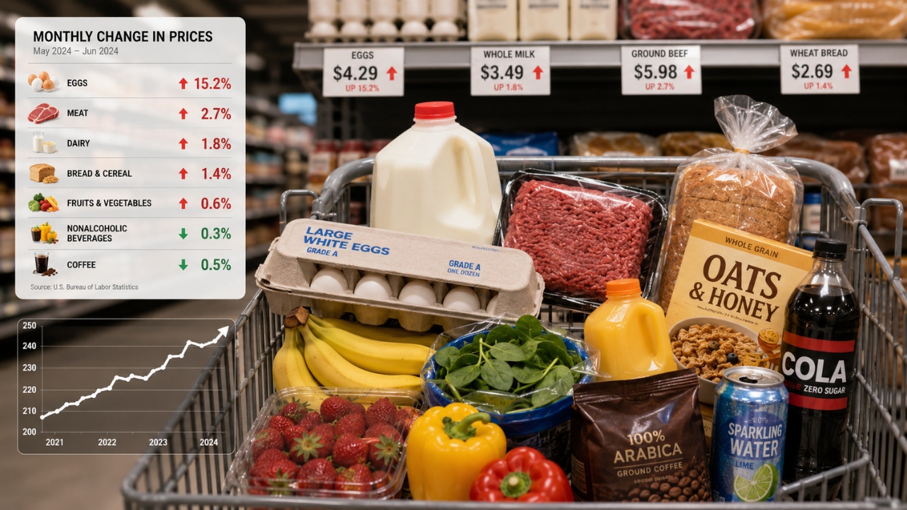 A grocery cart filled with eggs, milk, meat, bread, produce, and drinks sits beside a food price chart