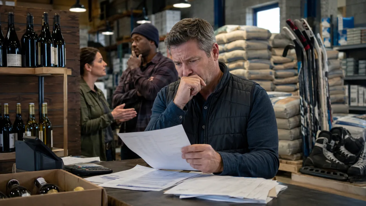 A worried business owner reviews invoices beside wine bottles, cement bags and hockey gear