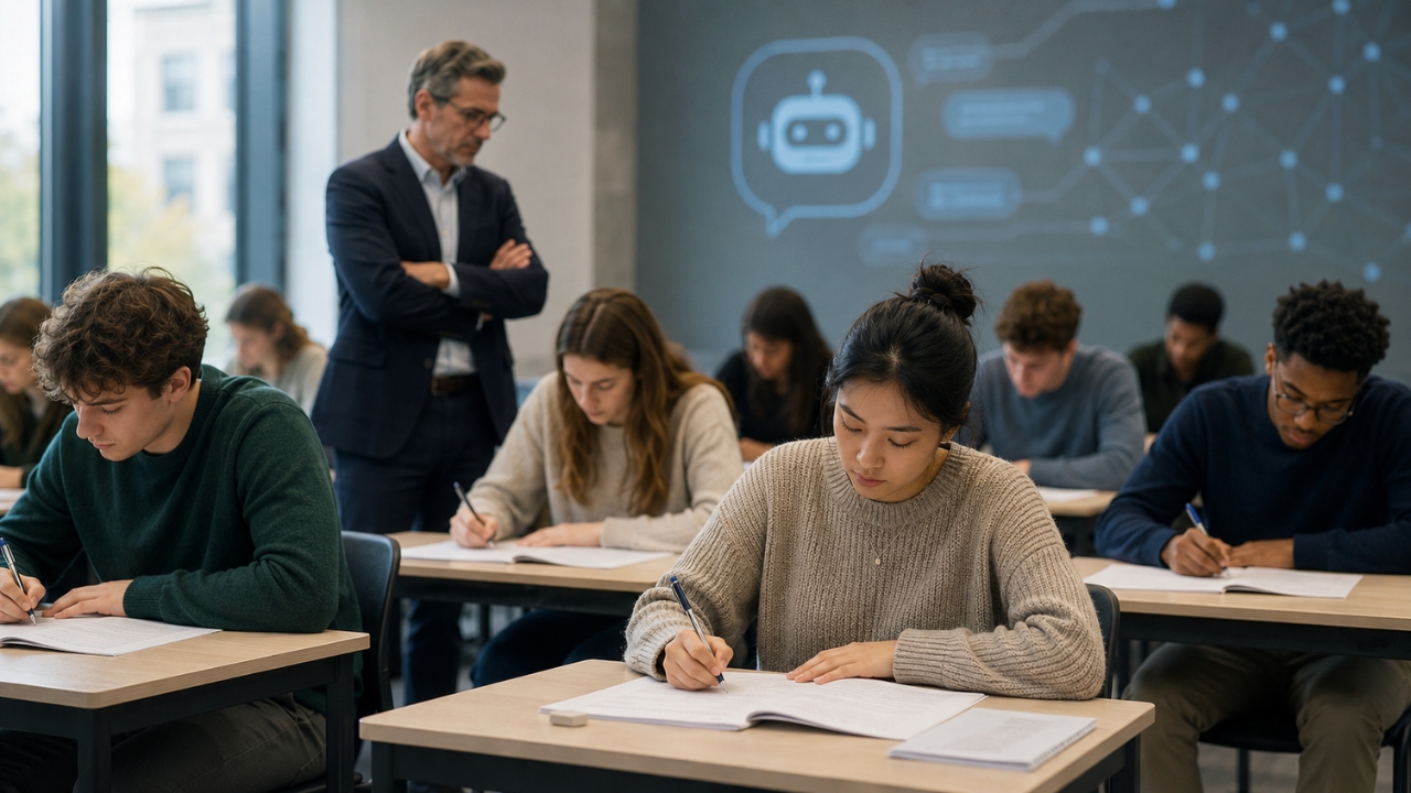 Students complete a proctored paper exam as a professor watches in a modern classroom