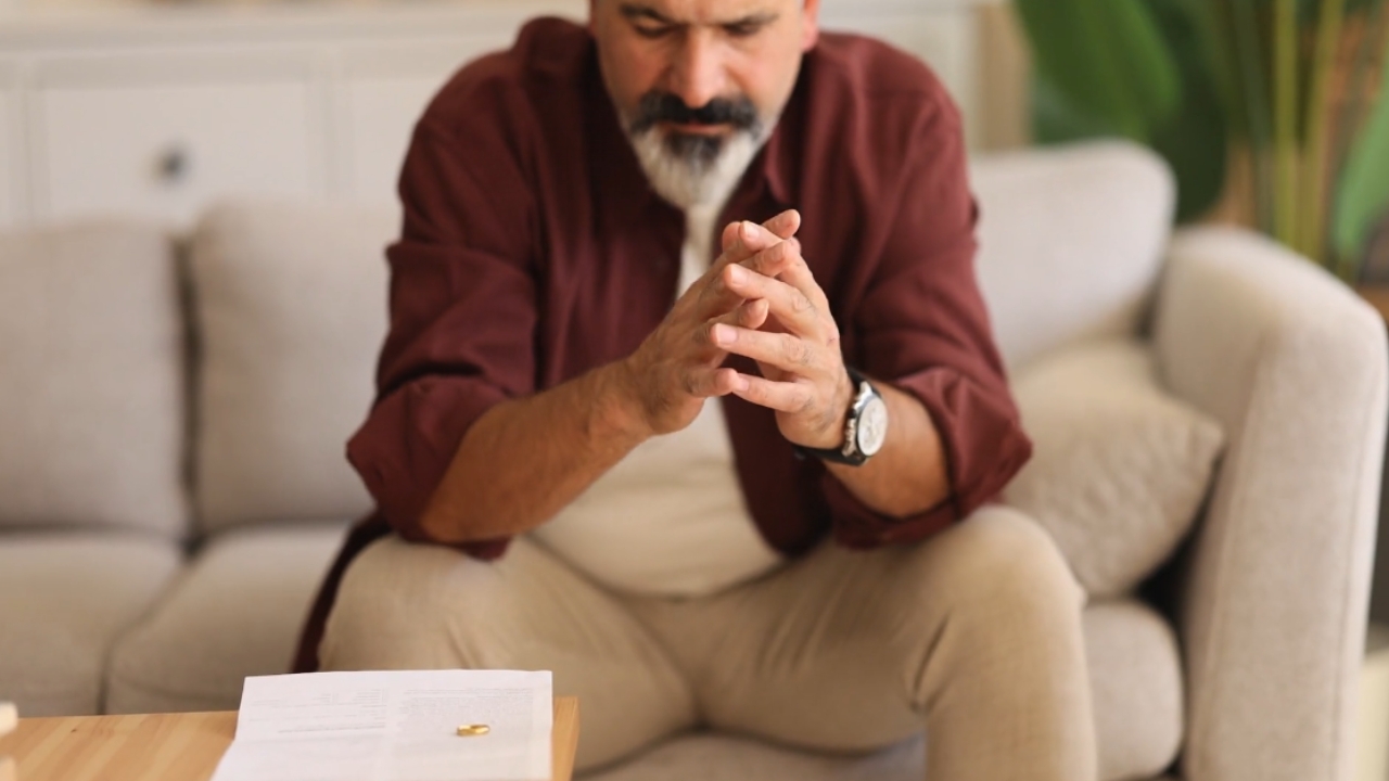 A man sits alone near divorce papers and a gold band