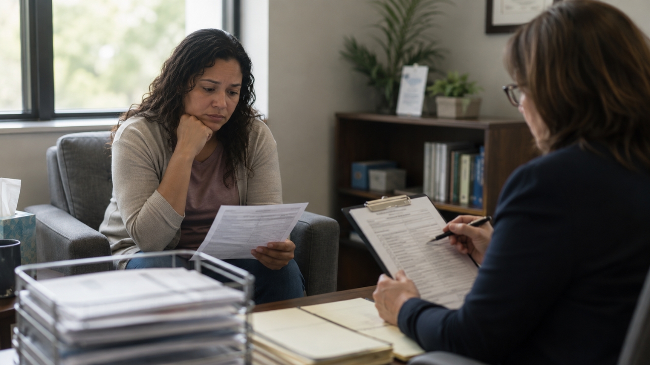 A patient reviews paperwork with a counselor as Medicaid requirements create barriers to care