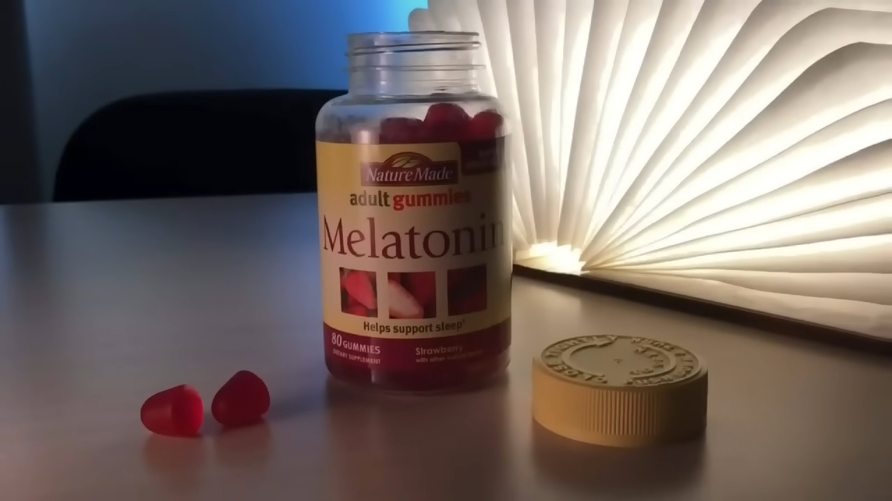 A bottle of melatonin gummies sits beside an open book lamp on a table