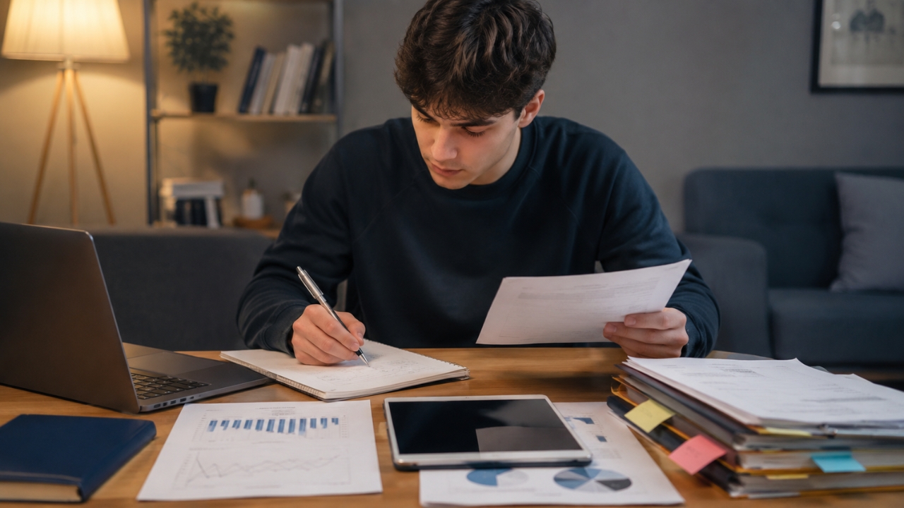 A college applicant reviews documents and takes notes beside a laptop