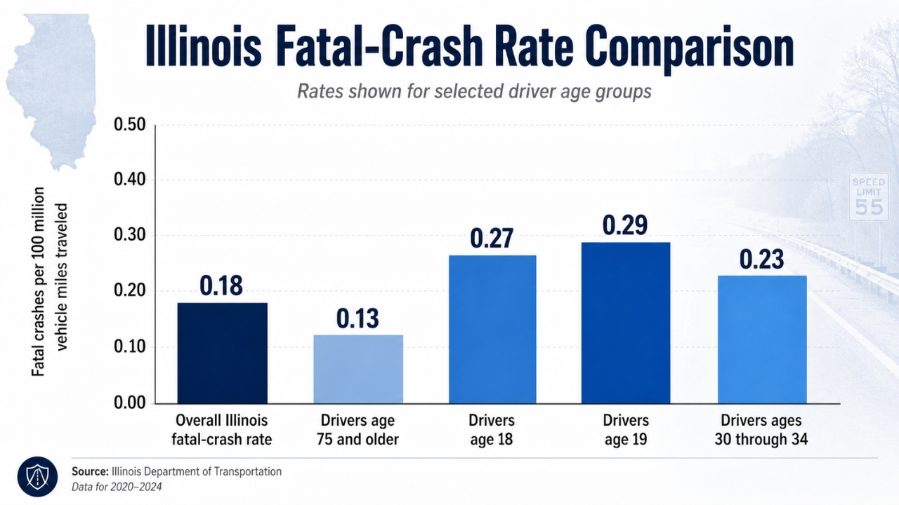 Bar chart compares Illinois fatal-crash rates across selected driver age groups