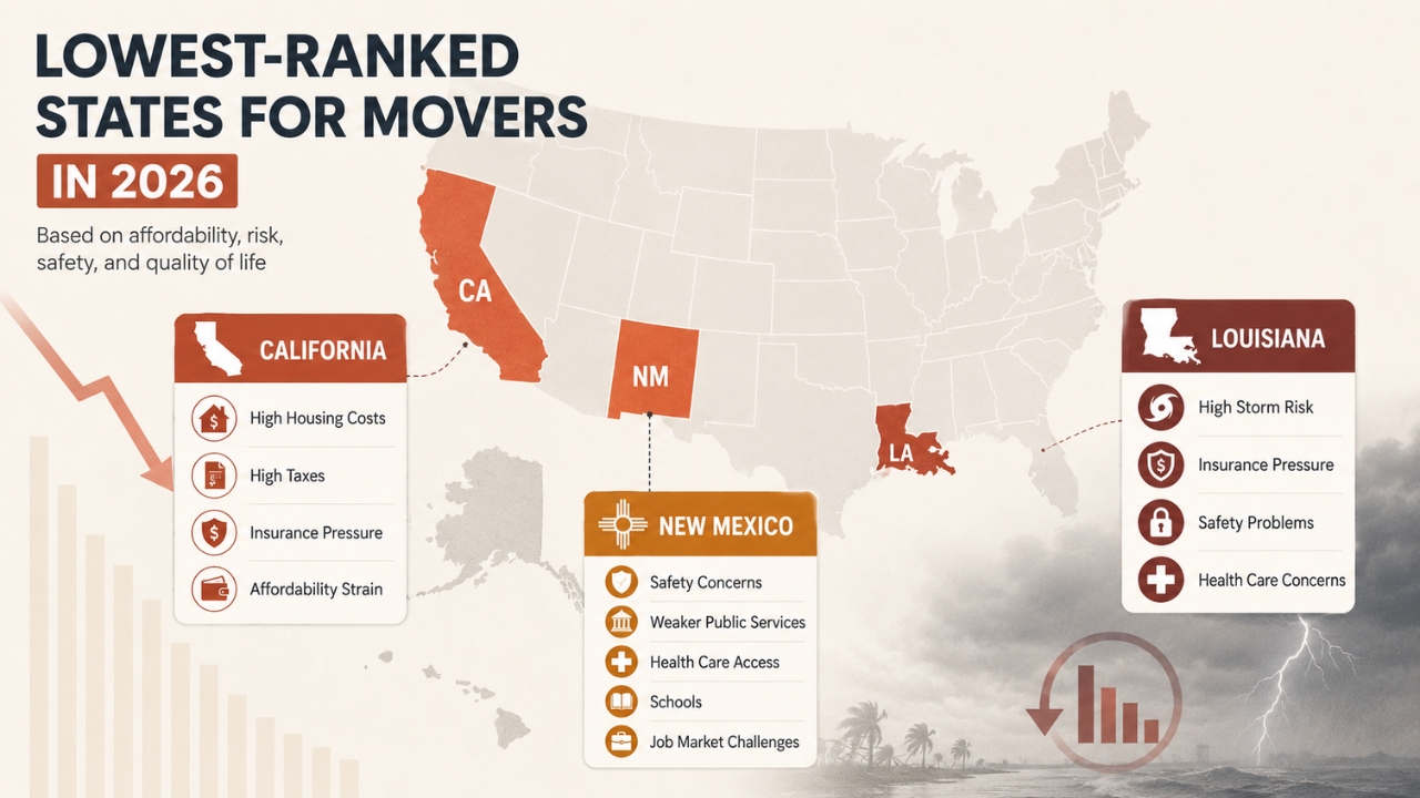 Map graphic shows California, Louisiana, and New Mexico ranked lowest for movers in 2026