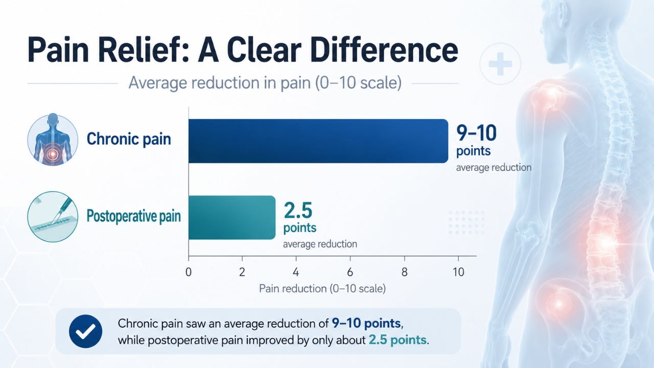A chart compares melatonin pain relief for chronic and postoperative pain