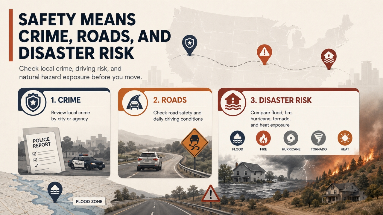 A safety checklist graphic compares crime, road risk, and disaster exposure before a move
