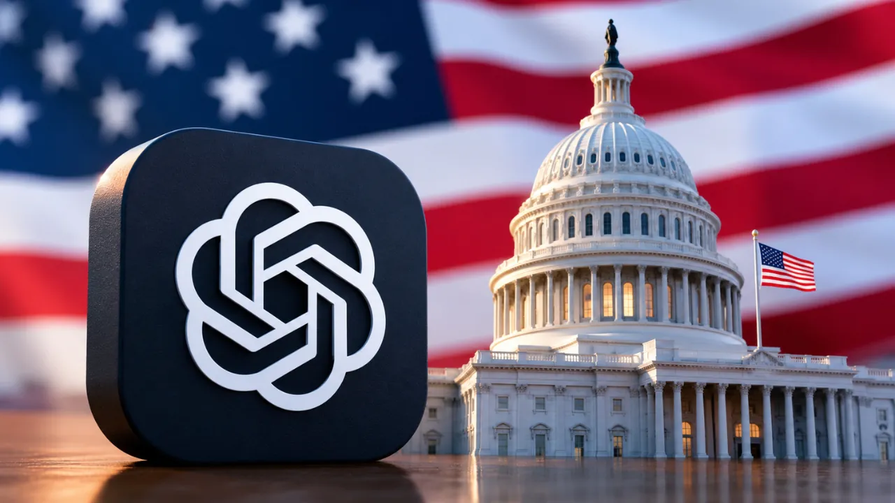A human hand shakes a robotic hand in front of the U.S. Capitol and American flag