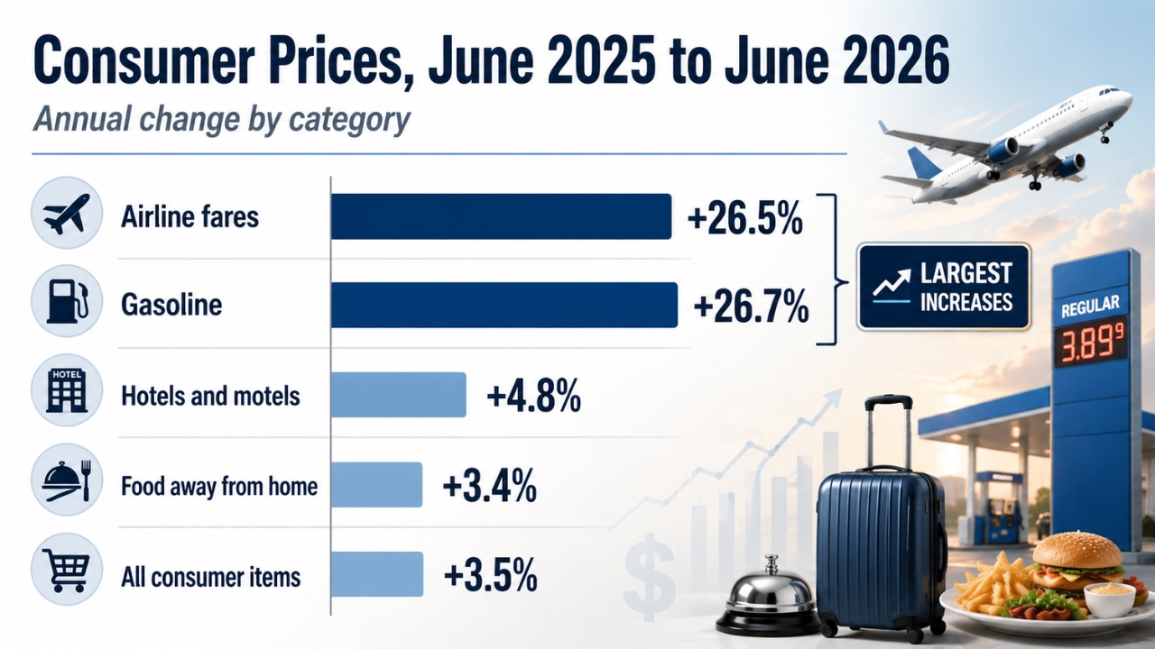 Infographic compares annual U.S. price increases for airline fares, gasoline, hotels, restaurant meals and consumer goods