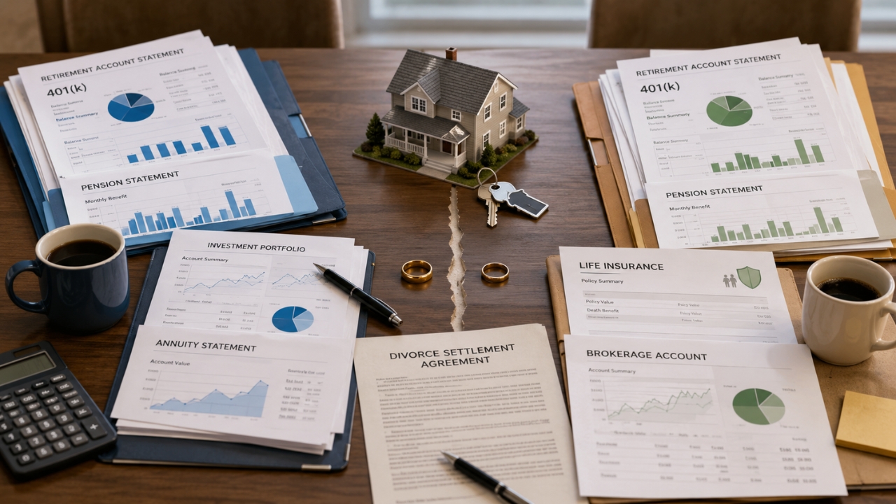 Financial papers, house keys, and gold rings show assets split after gray divorce