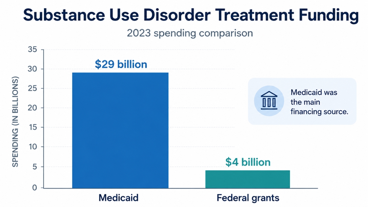 A chart compares 2023 Medicaid and federal grant funds for substance use disorder treatment