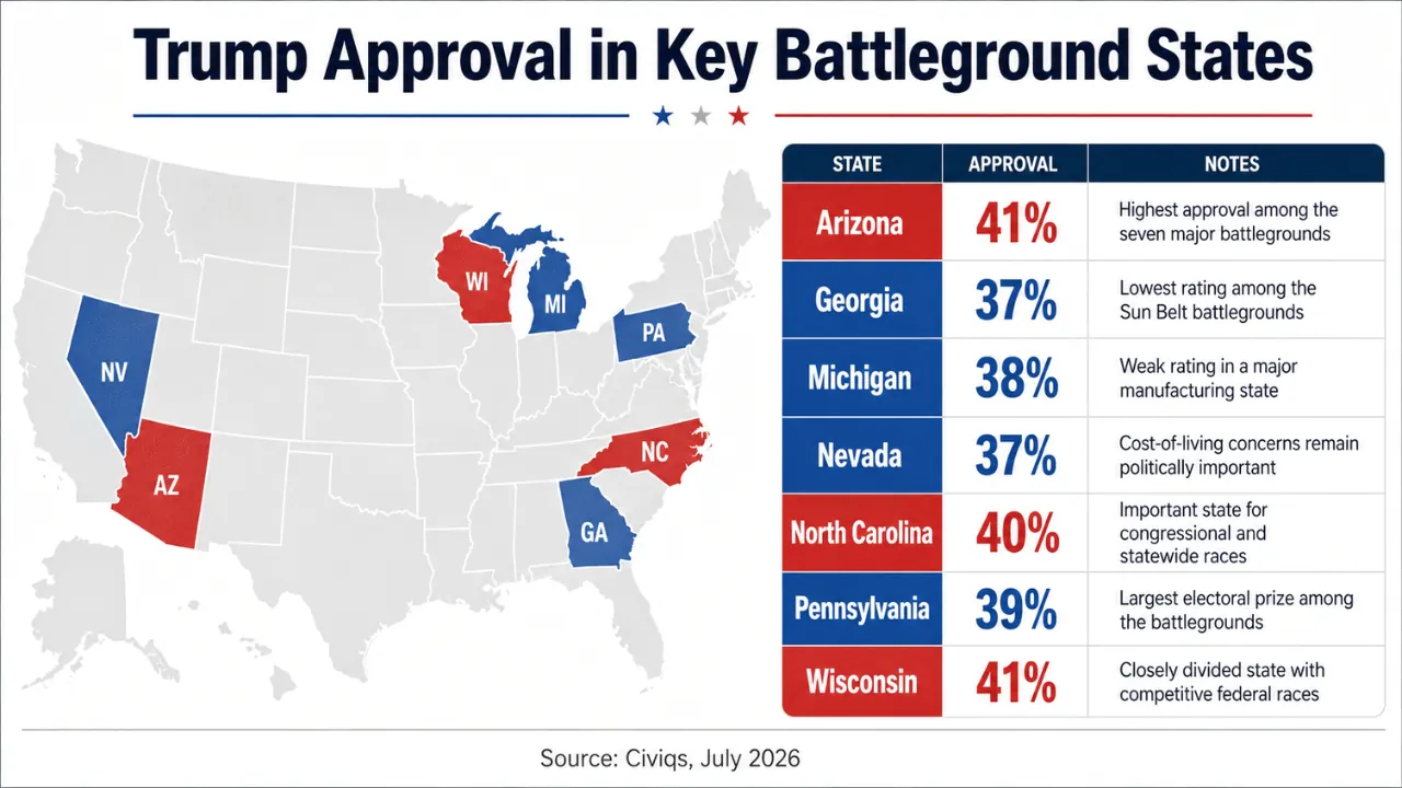 A map and table show Trump approval across seven key battleground states in July 2026