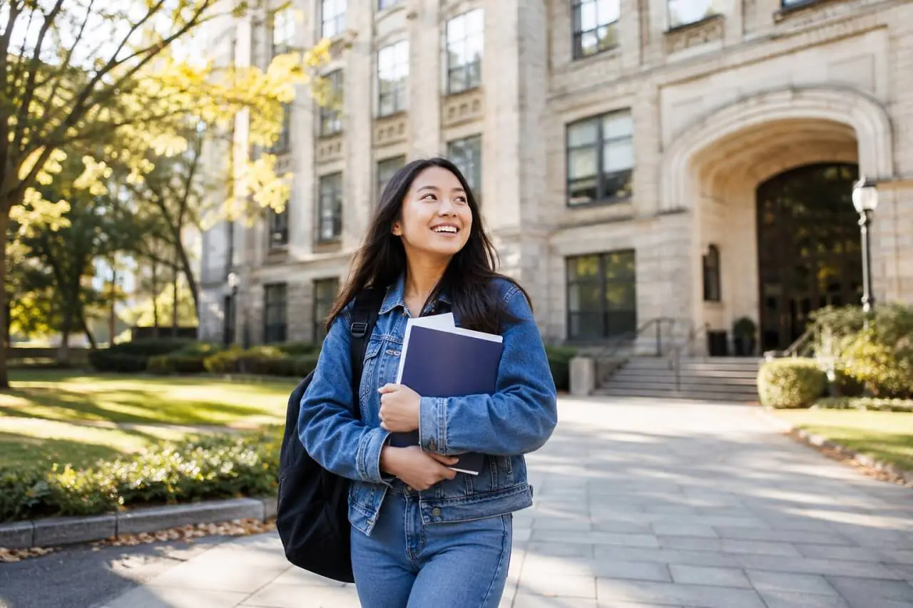 International student walking on a US university campus