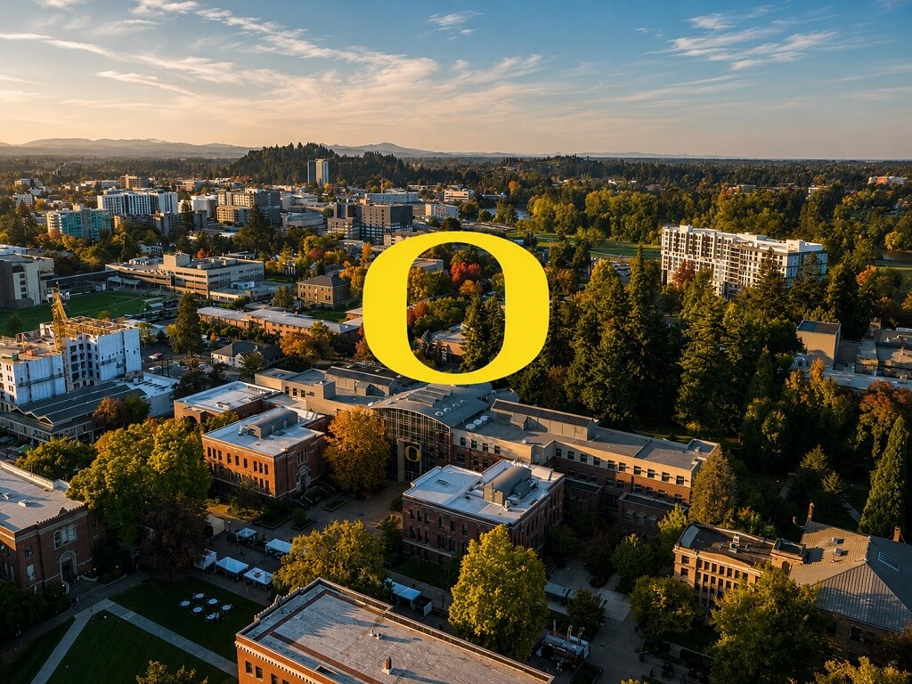 University of Oregon campus with the university logo