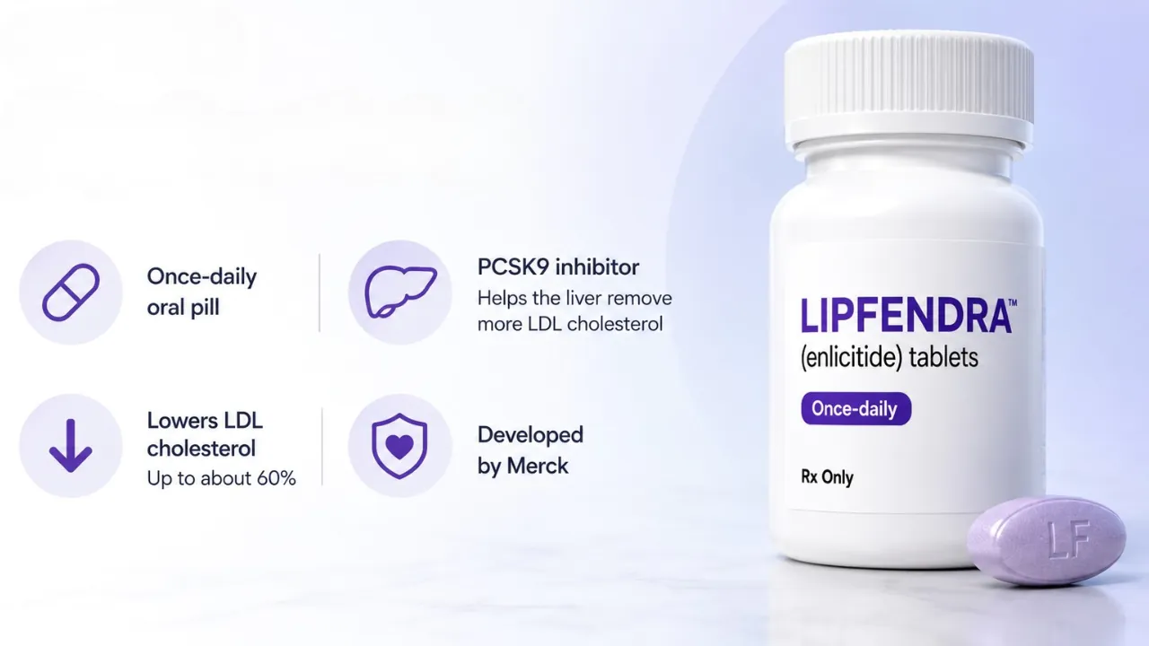 Lipfendra bottle and pill beside key facts about its once-daily use and LDL cholesterol reduction