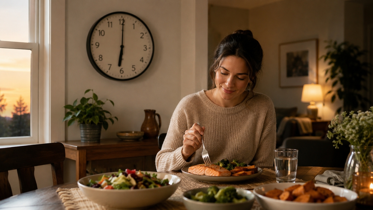 A woman eats a healthy dinner at 6 p.m. in her home