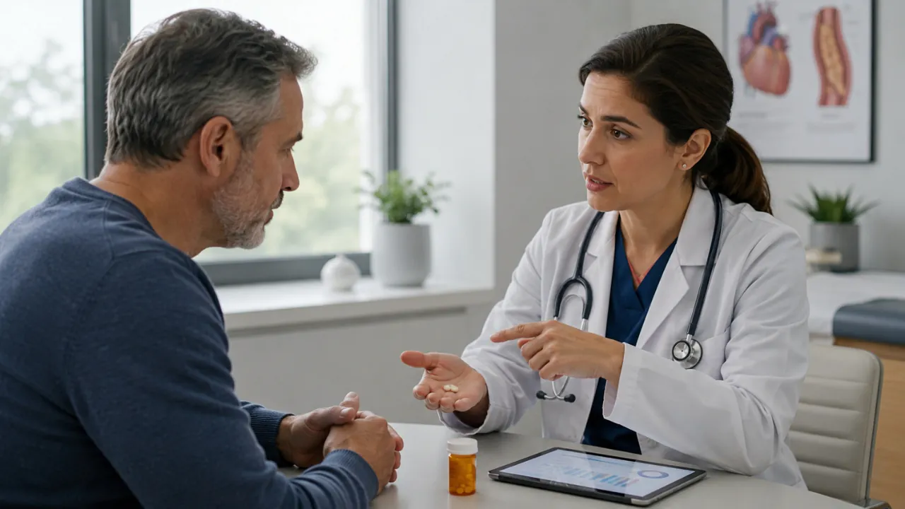 A doctor discusses cholesterol medicine with a patient during a clinic visit