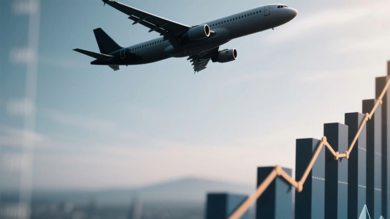Passenger jet flies above a bar chart that shows a sharp rise in airfare prices