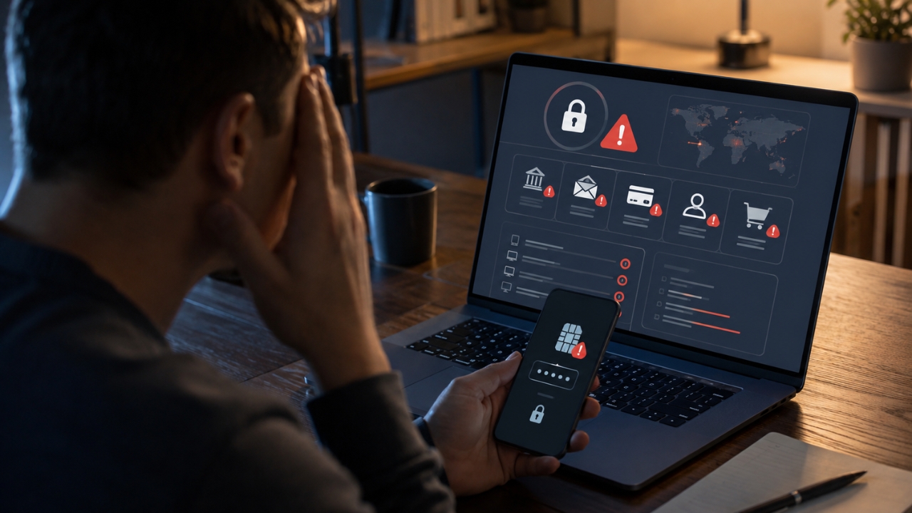 A man checks security alerts on a laptop and phone after an account takeover