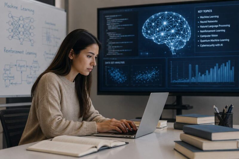 Student working on a laptop beside displays showing neural networks, code, and machine learning data.