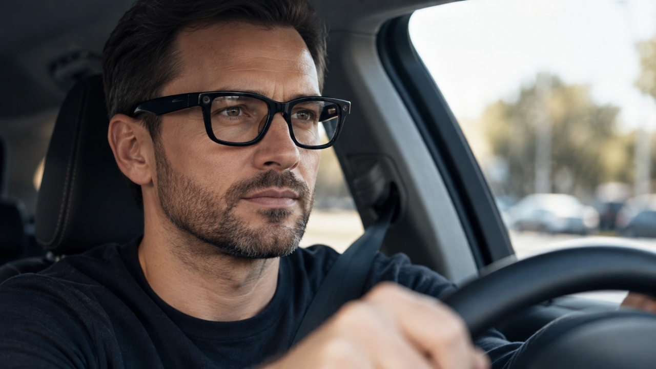Man wears camera smart glasses behind the wheel of a car