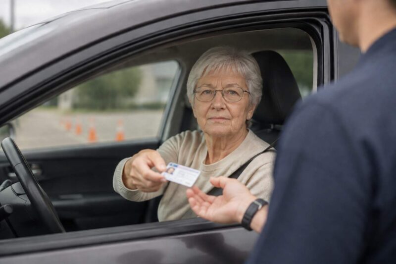 Older woman handing her driver’s license to an official from her car.