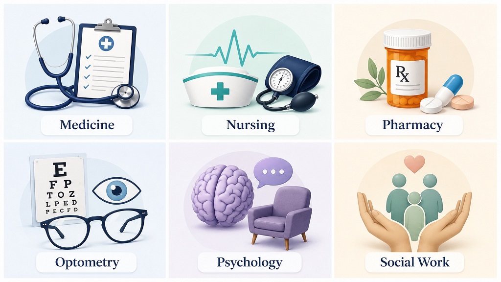 Six illustrated panels representing medicine, nursing, pharmacy, optometry, psychology, and social work