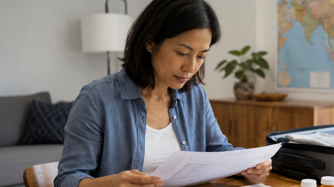 Woman reviews medical records beside medication and an open suitcase before a trip