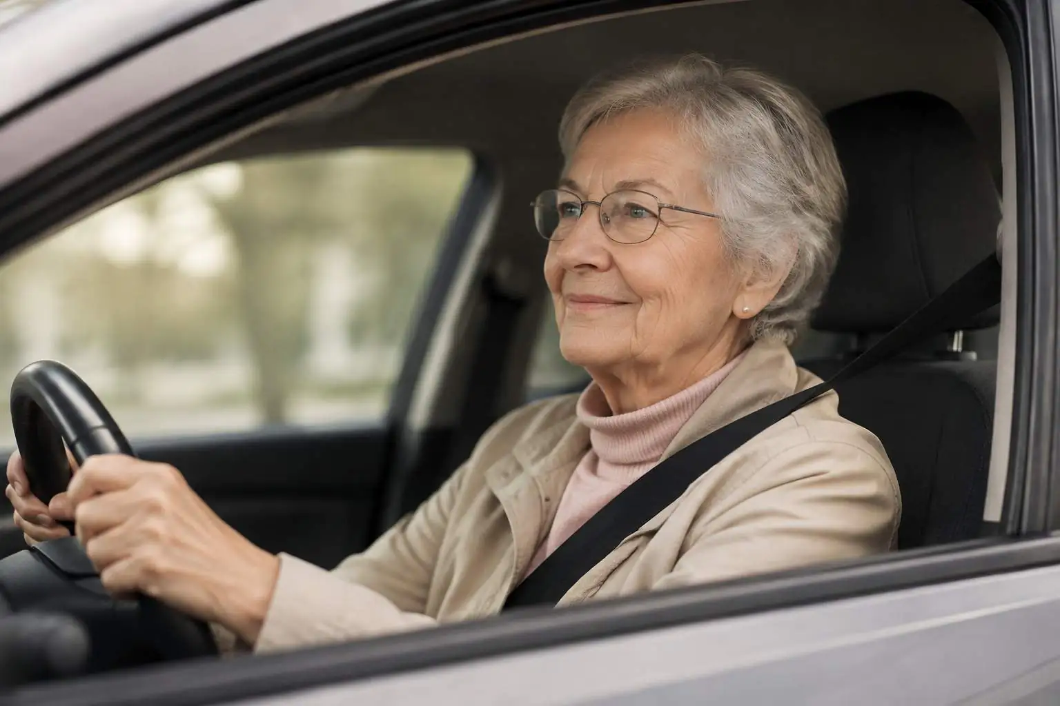 Older woman driving a car while wearing glasses and a seatbelt.