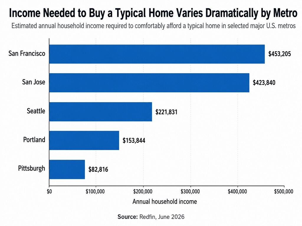 Chart comparing the annual household income needed to afford a typical home in San Francisco, San Jose, Seattle, Portland, and Pittsburgh