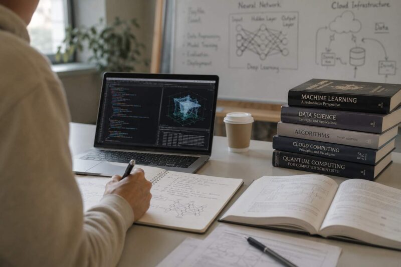 Student studying machine learning with coding software, technical books, and neural network diagrams.